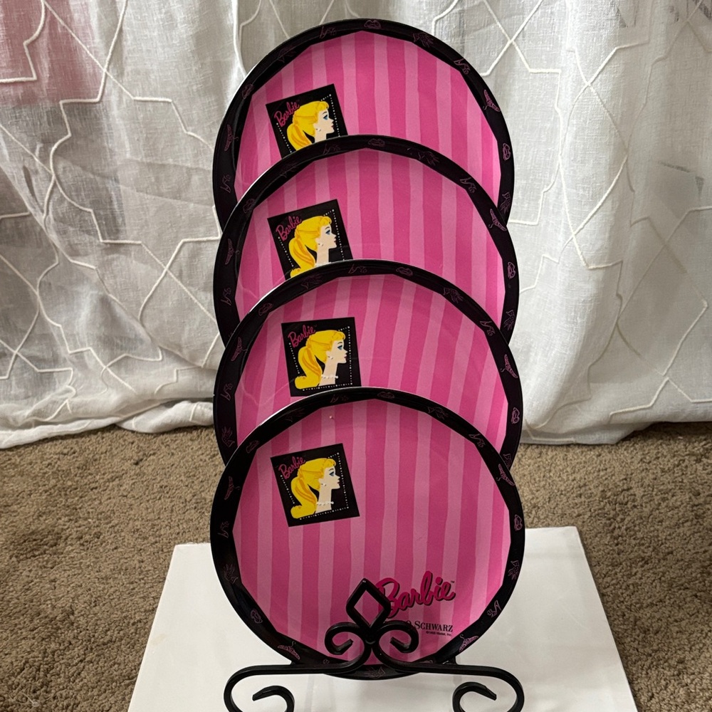 FAO Swartz Barbie Pink and Black Striped Plate Collection—1995–Set of 4